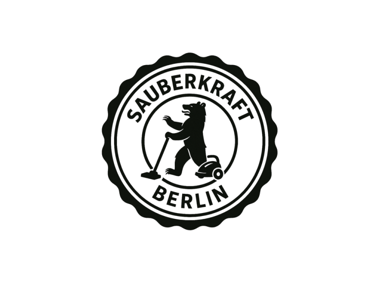 Sauberkraft Berlin Logo von Sauberkraft Berlin mit einem Bären, der einen Staubsauger benutzt.